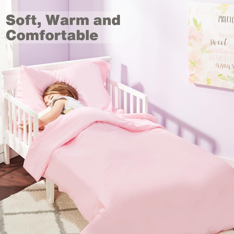 EVERYDAY KIDS 4 Piece Toddler Bedding Set - Includes Comforter, Flat Sheet, Fitted Sheet and Reversible Pillowcase - Solid Pink - Image 4